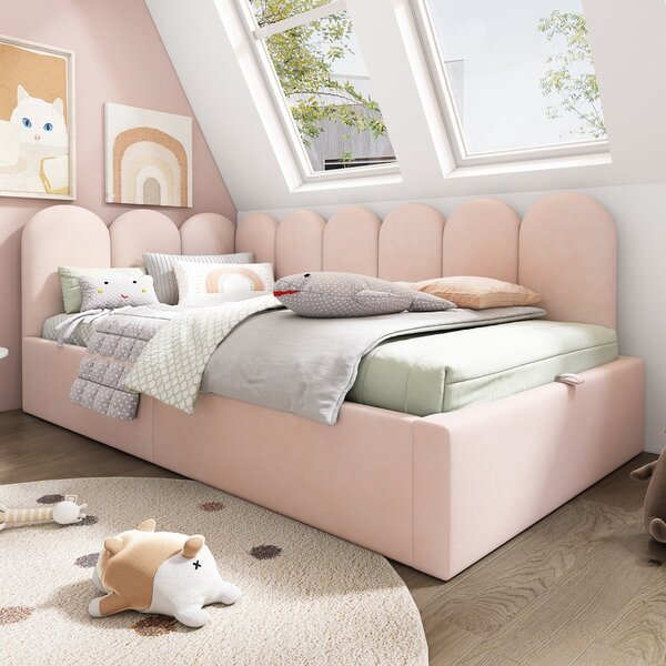 3FT Upholstered Bed with Hydraulic Storage, Metal Slatted Frame, Velvet Single Ottoman Bed for Children, 200L x 97W x 76H cm, Pink Aosom UK