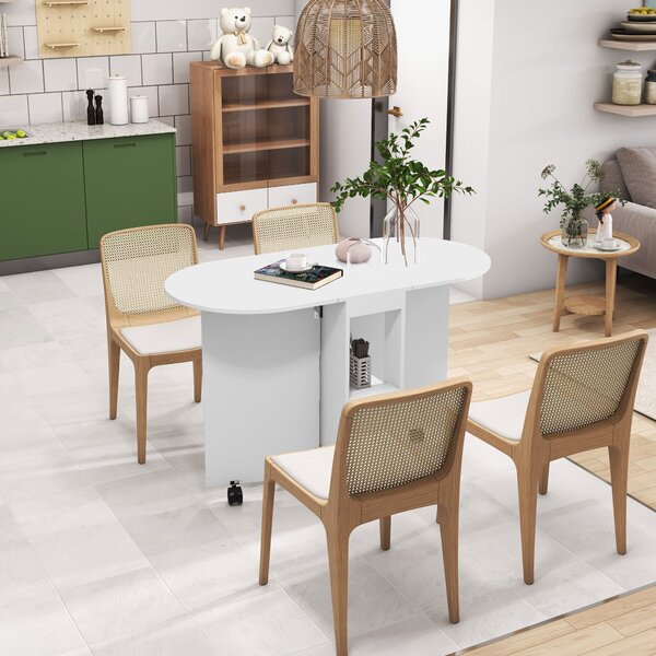 HOMCOM Four-Person Drop Leaf Dining Table, with Wheels - White Aosom UK