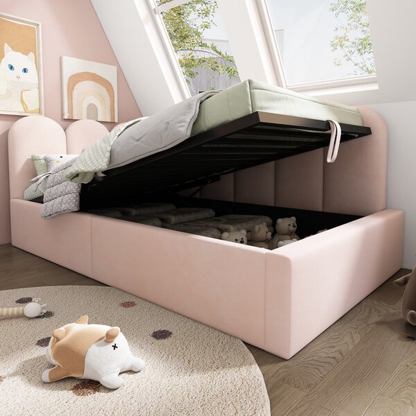 3FT Upholstered Bed with Hydraulic Storage, Metal Slatted Frame, Velvet Single Ottoman Bed for Children, 200L x 97W x 76H cm, Pink Aosom UK
