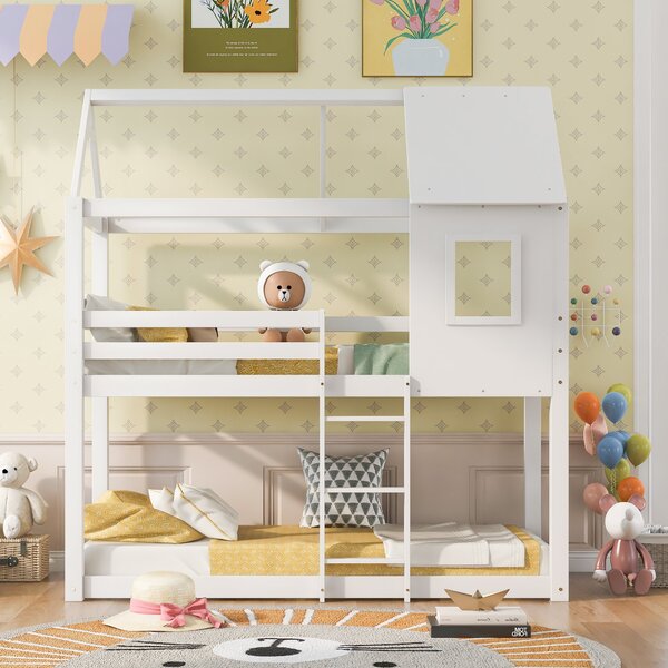 Children's Bunk Bed with Convertible Step Ladder and Window, Solid Pine Twin Sleeper, Twin over Full Bunk Bed, for Kids, White Aosom UK