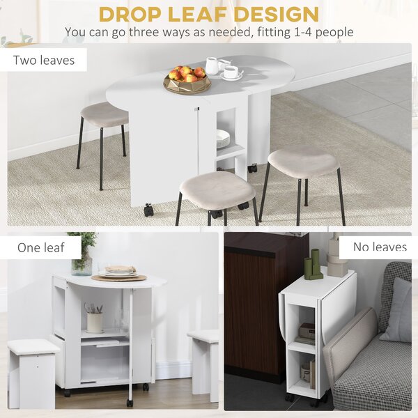 HOMCOM Four-Person Drop Leaf Dining Table, with Wheels - White Aosom UK