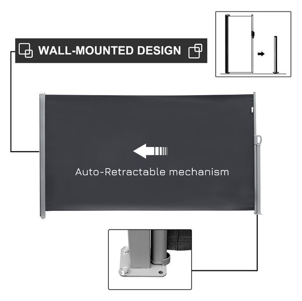 Outsunny Retractable Side Awning, Sun Screen Fence for Patio Garden, Wall Balcony Privacy Divider, 3x1.8M, Grey