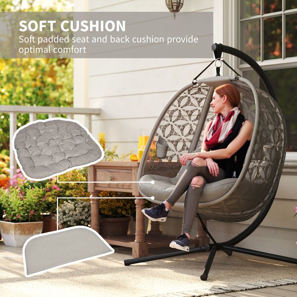 Outsunny Outdoor Double Hanging Chair, Swing Chair with Metal Stand, Thick Padded Cushion, Foldable Basket Cup Holders for Indoor Outdoor, Sand Brown