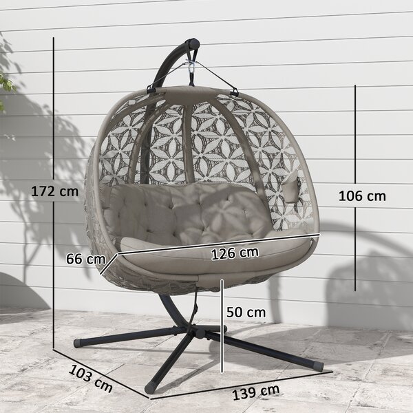 Outsunny Outdoor Double Hanging Chair, Swing Chair with Metal Stand, Thick Padded Cushion, Foldable Basket Cup Holders for Indoor Outdoor, Sand Brown
