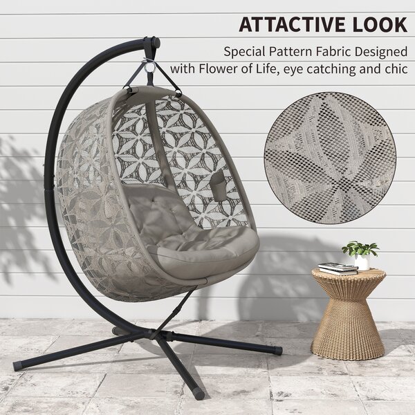 Outsunny Outdoor Double Hanging Chair, Swing Chair with Metal Stand, Thick Padded Cushion, Foldable Basket Cup Holders for Indoor Outdoor, Sand Brown