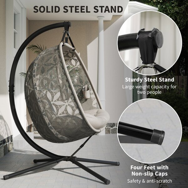 Outsunny Outdoor Double Hanging Chair, Swing Chair with Metal Stand, Thick Padded Cushion, Foldable Basket Cup Holders for Indoor Outdoor, Sand Brown