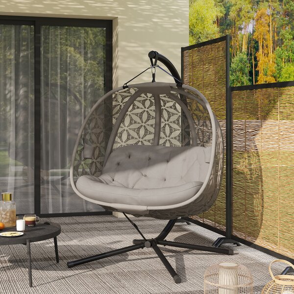 Outsunny Outdoor Double Hanging Chair, Swing Chair with Metal Stand, Thick Padded Cushion, Foldable Basket Cup Holders for Indoor Outdoor, Sand Brown