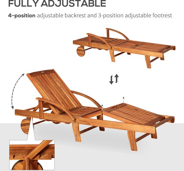 Outsunny Outdoor Garden Patio Wooden Sun Lounger Foldable Recliner Deck Chair Day Bed Furniture with Wheels