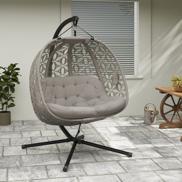 Outsunny Outdoor Double Hanging Chair, Swing Chair with Metal Stand, Thick Padded Cushion, Foldable Basket Cup Holders for Indoor Outdoor, Sand Brown