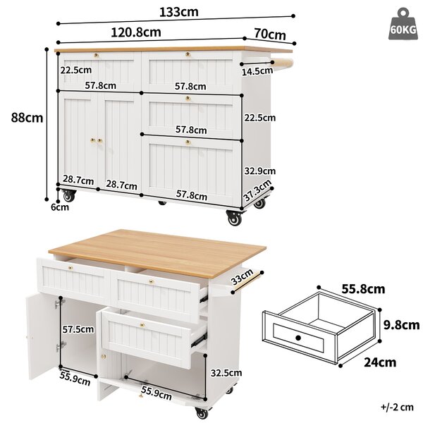 Rolling Mobile Kitchen Island with Drawers, Storage Cabinet, Multi-Functional Utility Cart with Drop Leaf, 133L x 70W x 88H cm, White Aosom UK