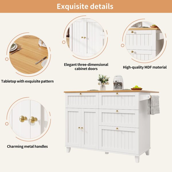 Rolling Mobile Kitchen Island with Drawers, Storage Cabinet, Multi-Functional Utility Cart with Drop Leaf, 133L x 70W x 88H cm, White Aosom UK