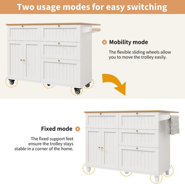Rolling Mobile Kitchen Island with Drawers, Storage Cabinet, Multi-Functional Utility Cart with Drop Leaf, 133L x 70W x 88H cm, White Aosom UK