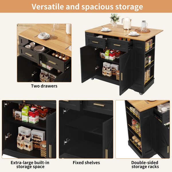 Elegant Kitchen Island Trolley with Wheels, Foldable Worktop, Black Kitchen Trolley with Double-Sided Storage, 120L x 40W x 90H cm, Black Aosom UK