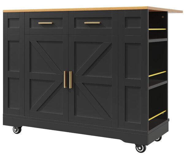 Elegant Kitchen Island Trolley with Wheels, Foldable Worktop, Black Kitchen Trolley with Double-Sided Storage, 120L x 40W x 90H cm, Black Aosom UK