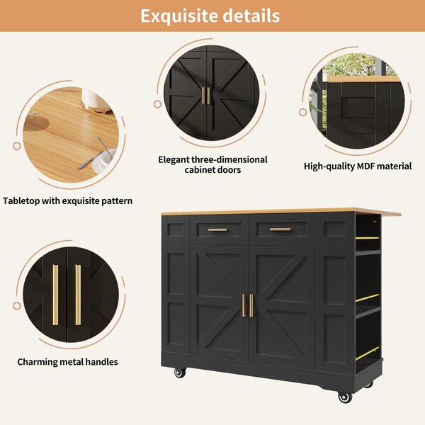 Elegant Kitchen Island Trolley with Wheels, Foldable Worktop, Black Kitchen Trolley with Double-Sided Storage, 120L x 40W x 90H cm, Black Aosom UK