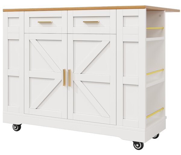 Movable Kitchen Island Trolley with Adjustable Worktop, Rolling Utility Cart with Drawers and Storage Racks, 120L x 40W x 90H cm, White Aosom UK