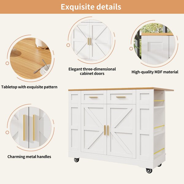 Movable Kitchen Island Trolley with Adjustable Worktop, Rolling Utility Cart with Drawers and Storage Racks, 120L x 40W x 90H cm, White Aosom UK