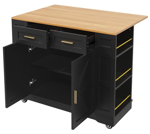 Elegant Kitchen Island Trolley with Wheels, Foldable Worktop, Black Kitchen Trolley with Double-Sided Storage, 120L x 40W x 90H cm, Black Aosom UK
