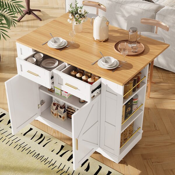 Movable Kitchen Island Trolley with Adjustable Worktop, Rolling Utility Cart with Drawers and Storage Racks, 120L x 40W x 90H cm, White Aosom UK