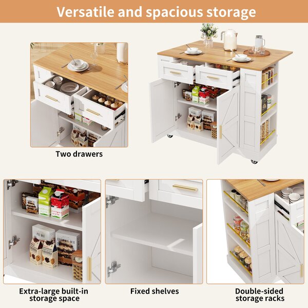 Movable Kitchen Island Trolley with Adjustable Worktop, Rolling Utility Cart with Drawers and Storage Racks, 120L x 40W x 90H cm, White Aosom UK