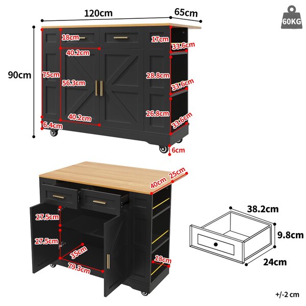 Elegant Kitchen Island Trolley with Wheels, Foldable Worktop, Black Kitchen Trolley with Double-Sided Storage, 120L x 40W x 90H cm, Black Aosom UK