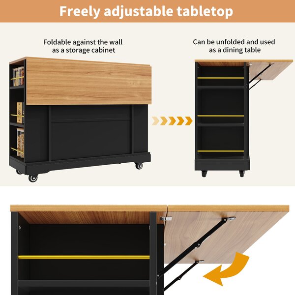 Elegant Kitchen Island Trolley with Wheels, Foldable Worktop, Black Kitchen Trolley with Double-Sided Storage, 120L x 40W x 90H cm, Black Aosom UK