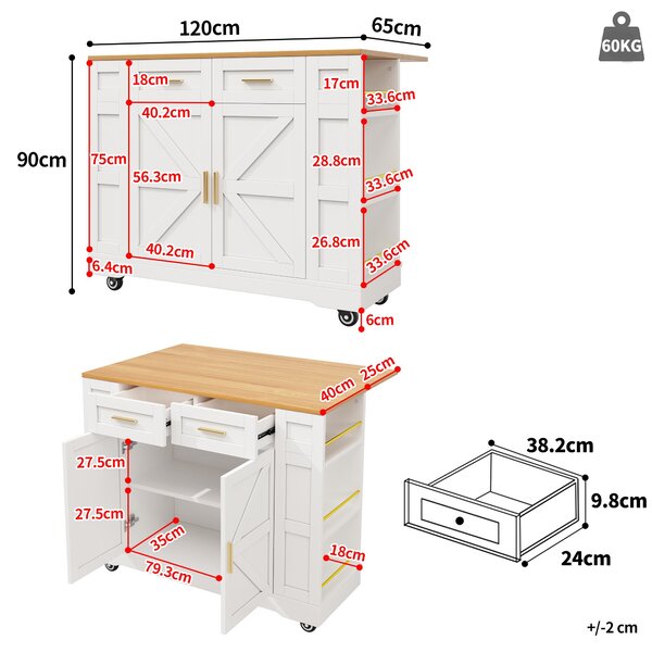 Movable Kitchen Island Trolley with Adjustable Worktop, Rolling Utility Cart with Drawers and Storage Racks, 120L x 40W x 90H cm, White Aosom UK
