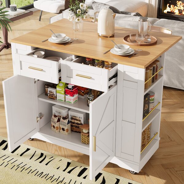 Movable Kitchen Island Trolley with Adjustable Worktop, Rolling Utility Cart with Drawers and Storage Racks, 120L x 40W x 90H cm, White Aosom UK