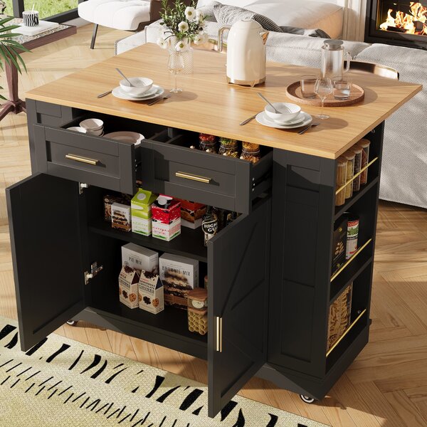 Elegant Kitchen Island Trolley with Wheels, Foldable Worktop, Black Kitchen Trolley with Double-Sided Storage, 120L x 40W x 90H cm, Black Aosom UK