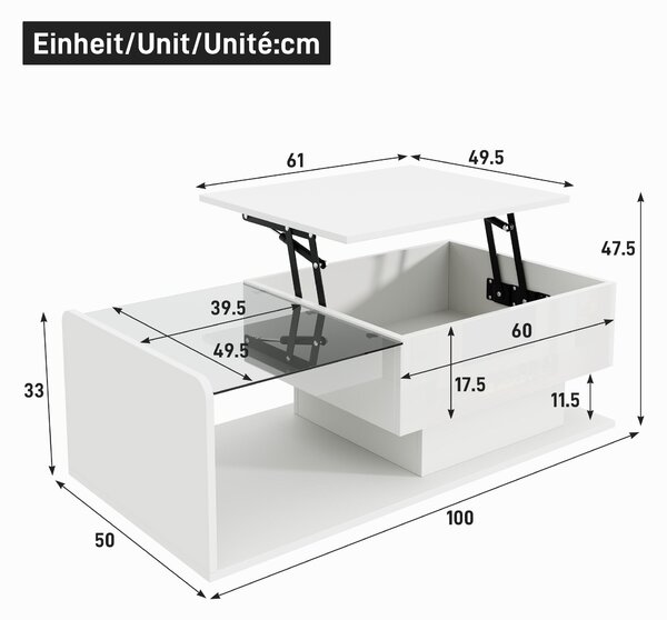 High-Gloss Coffee Table with Height and LED Lighting, Tea Table with Tempered Glass Top for Living Room, 100L x 50W x 33H cm, White Aosom UK