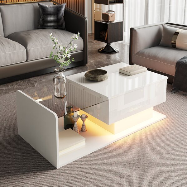 High-Gloss Coffee Table with Height and LED Lighting, Tea Table with Tempered Glass Top for Living Room, 100L x 50W x 33H cm, White Aosom UK