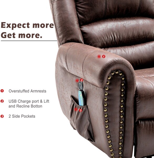 Large Power Lift Recliner Chair with Heating Massage Points, Heavy Duty Electric Recliner USB Port, Side Pockets, 104x106x102 cm, Brown Aosom UK