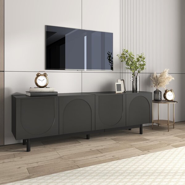 Modern Lowboard TV Cabinet with Push-to-Open Doors and Adjustable Shelves, Durable TV Stand for Living Room, 175L x 38W x 56H cm, Black Aosom UK