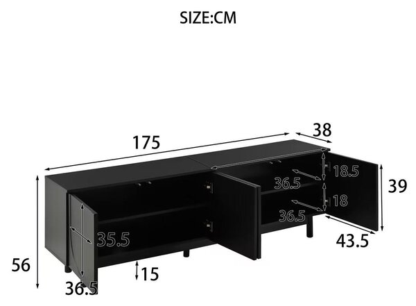 Modern Lowboard TV Cabinet with Push-to-Open Doors and Adjustable Shelves, Durable TV Stand for Living Room, 175L x 38W x 56H cm, Black Aosom UK