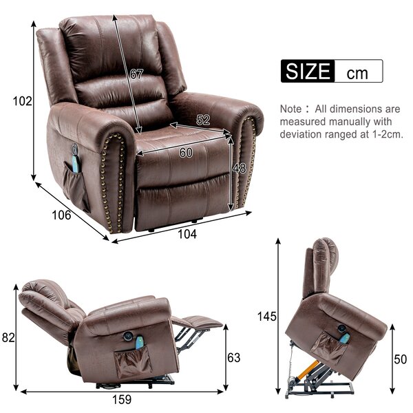 Large Power Lift Recliner Chair with Heating Massage Points, Heavy Duty Electric Recliner USB Port, Side Pockets, 104x106x102 cm, Brown Aosom UK