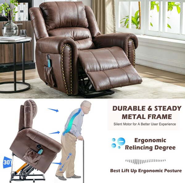 Large Power Lift Recliner Chair with Heating Massage Points, Heavy Duty Electric Recliner USB Port, Side Pockets, 104x106x102 cm, Brown Aosom UK