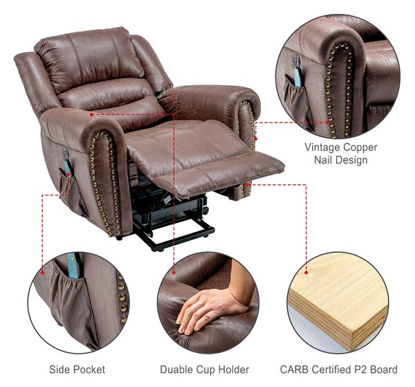 Large Power Lift Recliner Chair with Heating Massage Points, Heavy Duty Electric Recliner USB Port, Side Pockets, 104x106x102 cm, Brown Aosom UK