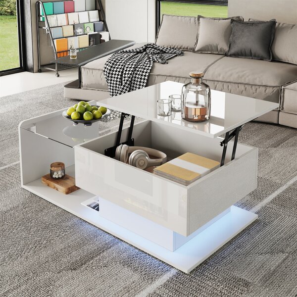 High-Gloss Coffee Table with Height and LED Lighting, Tea Table with Tempered Glass Top for Living Room, 100L x 50W x 33H cm, White Aosom UK