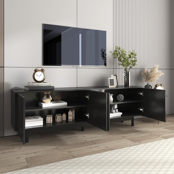 Modern Lowboard TV Cabinet with Push-to-Open Doors and Adjustable Shelves, Durable TV Stand for Living Room, 175L x 38W x 56H cm, Black Aosom UK