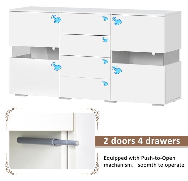 High Gloss Modern Sideboard Cabinet with LED Lights, 2 Doors and 4 Storage Drawers, Chest of Drawers for Living Room, 140x35x72 cm, White Aosom.UK