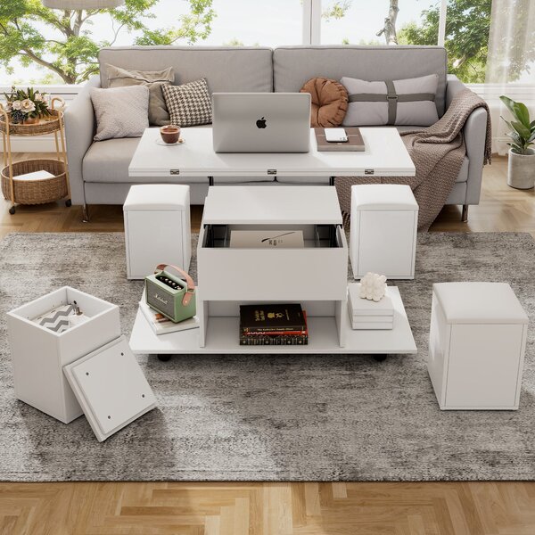 Child-Friendly Lift-Up Coffee Table with Hydraulic Mechanism, Hidden Storage, Adjustable Height, Modern Sofa Table for Living Room, White Aosom UK