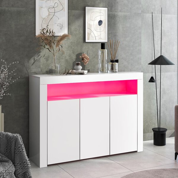 Modern Sideboard Cabinet with LED Lights, High Gloss Design, 3-Door Remote Control Kitchen Unit for Home Decor, 130x35x95 cm, White Aosom.UK