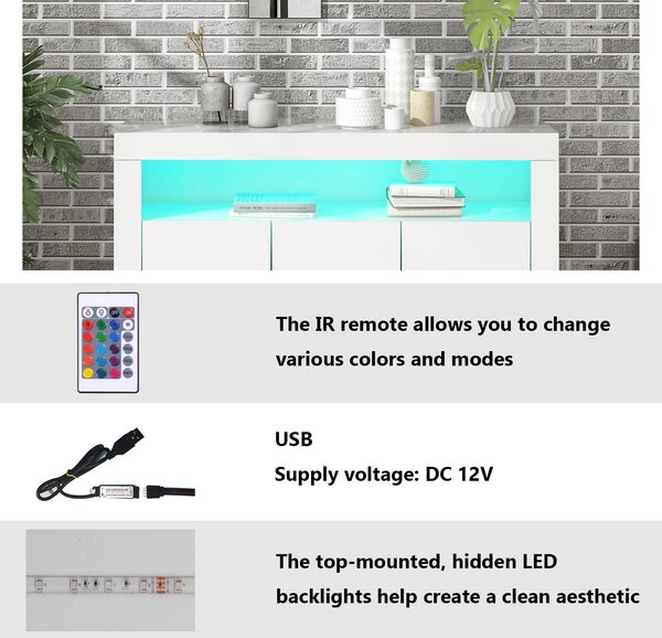 Modern Sideboard Cabinet with LED Lights, High Gloss Design, 3-Door Remote Control Kitchen Unit for Home Decor, 130x35x95 cm, White Aosom.UK