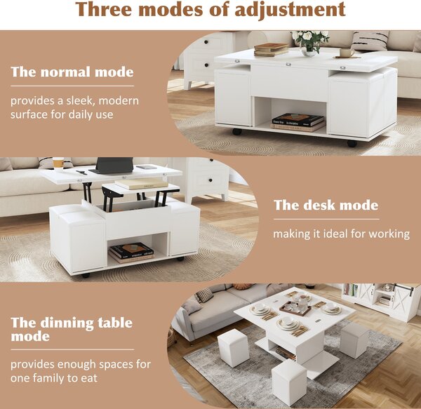 Child-Friendly Lift-Up Coffee Table with Hydraulic Mechanism, Hidden Storage, Adjustable Height, Modern Sofa Table for Living Room, White Aosom UK