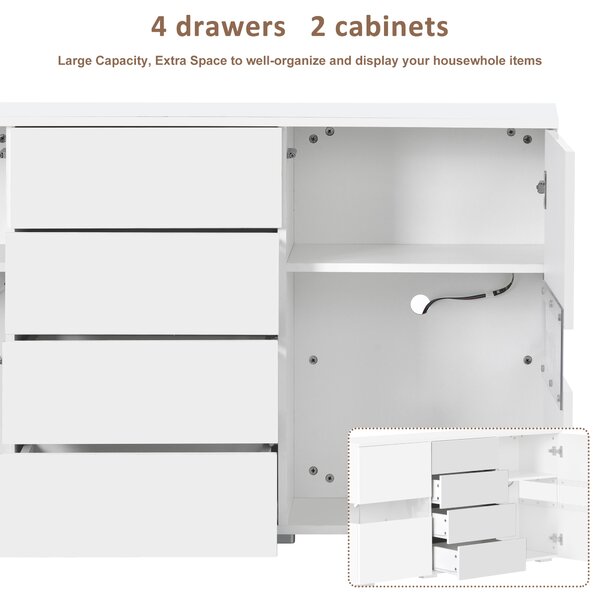 High Gloss Modern Sideboard Cabinet with LED Lights, 2 Doors and 4 Storage Drawers, Chest of Drawers for Living Room, 140x35x72 cm, White Aosom.UK