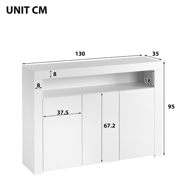 Modern Sideboard Cabinet with LED Lights, High Gloss Design, 3-Door Remote Control Kitchen Unit for Home Decor, 130x35x95 cm, White Aosom.UK