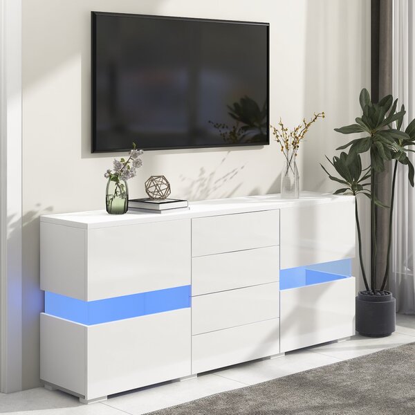 High Gloss Modern Sideboard Cabinet with LED Lights, 2 Doors and 4 Storage Drawers, Chest of Drawers for Living Room, 140x35x72 cm, White Aosom.UK