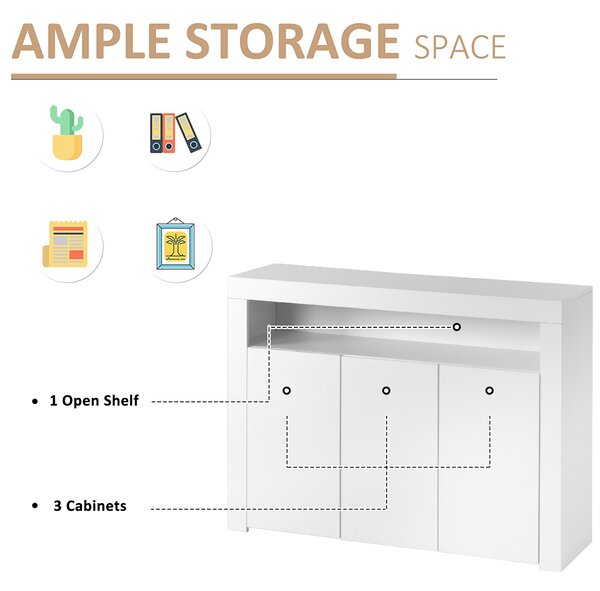 Modern Sideboard Cabinet with LED Lights, High Gloss Design, 3-Door Remote Control Kitchen Unit for Home Decor, 130x35x95 cm, White Aosom.UK