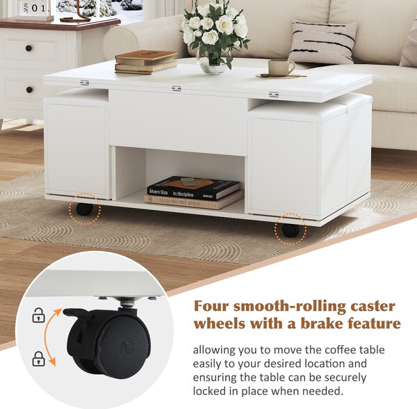 Child-Friendly Lift-Up Coffee Table with Hydraulic Mechanism, Hidden Storage, Adjustable Height, Modern Sofa Table for Living Room, White Aosom UK