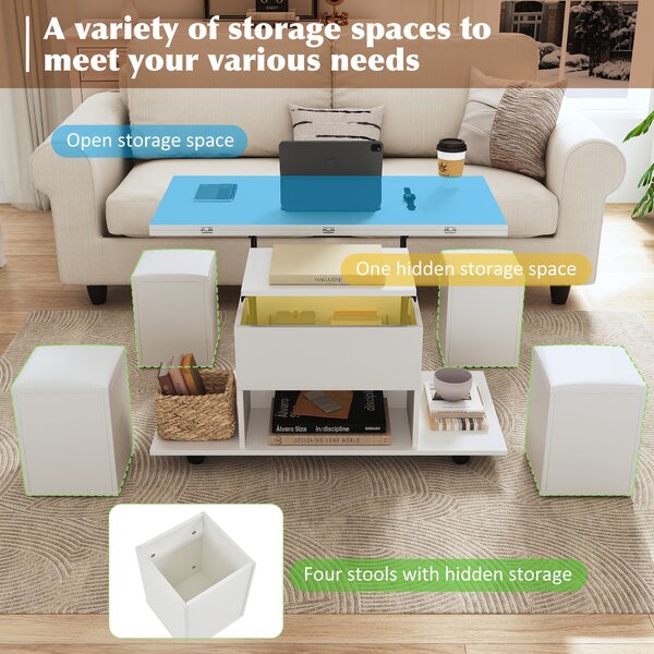 Child-Friendly Lift-Up Coffee Table with Hydraulic Mechanism, Hidden Storage, Adjustable Height, Modern Sofa Table for Living Room, White Aosom UK
